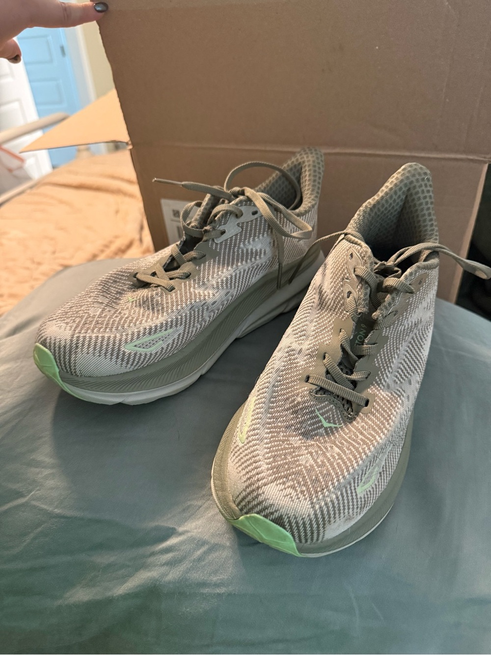 Hoka Clifton 9s Women’s Running Shoes in Olive Green with Lime Accents